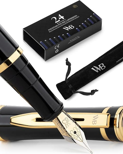 Wordsworth & Black Fountain Pen Set, 18K Gilded Medium Nib, Includes 24 Pack Ink Cartridges, Ink Refill Converter & Gift Pouch, Gold Finish, Calligraphy, [Black Gold], Perfect for Men & Women