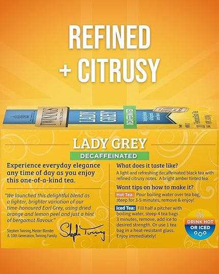 Twinings Decaffeinated Lady Grey Black Tea Individually Wrapped Bags, 20 Count (Pack of 6), Orange Peel & Lemon Peel, Enjoy Hot or Iced, 120 Teabags