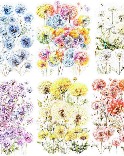 AuriicLeaf Dandelion Floral PET Stickers Set, 60PCS Holographic Botanical Flower Stickers for Scrapbooking, Journaling, DIY Crafts, and Art Supplies