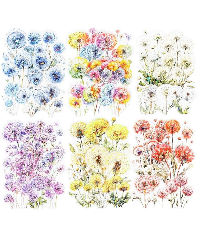 AuriicLeaf Dandelion Floral PET Stickers Set, 60PCS Holographic Botanical Flower Stickers for Scrapbooking, Journaling, DIY Crafts, and Art Supplies