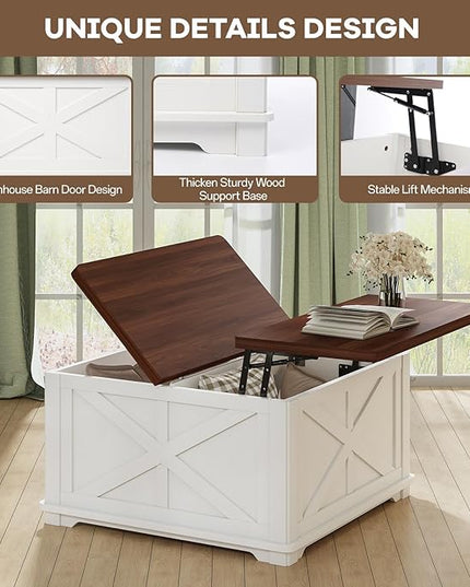 Airynee Farmhouse Coffee Table with Hydraulic Lifter, Square Coffee Table with Large Hidden Storage Compartment for Living Room, Wooden Coffee Tables with Brown Flip-Top Lids for Home Office, White