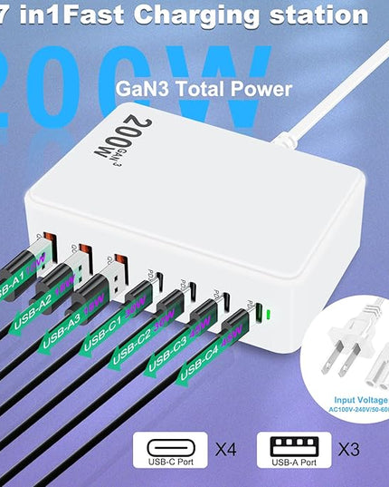 USB C Charger 200W USB C Charger Block, Upgraded GaN 7-Port Fast Charging Station Hub, Laptop Charger Adapter, Compatible with MacBookAir/Pro, DELL, iPhone16/15, iPad, Steam (White)