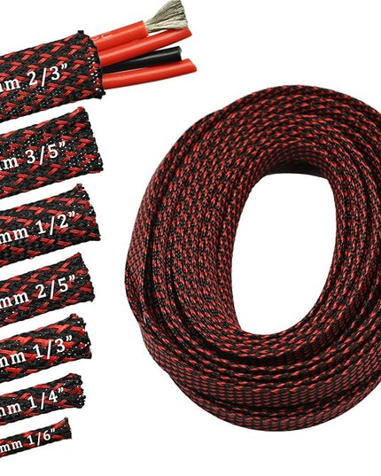 30ft PET Expandable Sleeving Wire Cable Sleeve (2/3", Red&Black)