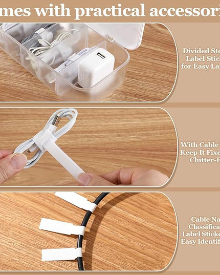 Cable Organizer Box with Lid, 3 Pcs Cable Cord Storage Organizer Box with 21 Wire Ties 54 Cable Labels, 7 Compartments Charger Organizer for Office Drawer Desk Accessories Case
