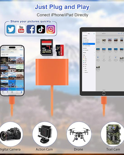 SD Card Reader for iPhone, Memory Card Reader with USB-C to Light-ning Adapter Plug and Play Trail Game Camera Micro SD Card Viewer Support SD/TF Card and USB for iPad No App Required (Orange)