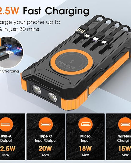Solar Power Bank,49800mAh Wireless Portable Phone Charger with Built-in 4 Cables,22.5W Fast Charging External Battery Pack PD 3.0 USB-C In/Output for iPhone,iPad,Android,Perfect for Camping, Hiking