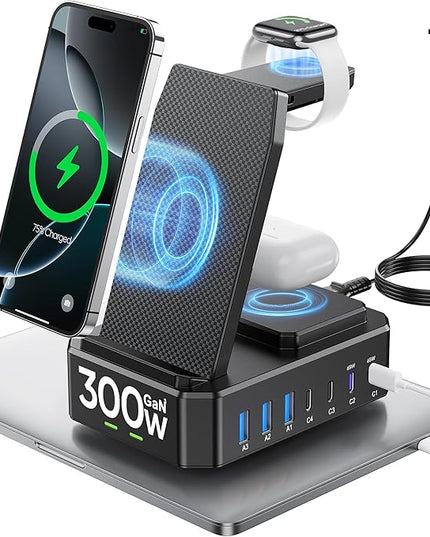 300W Charging Station for Multiple Devices Apple,10 in 1 Wireless Charger for iPhone,GaN III USB C 65W PD Fast Charging Stand Dock for MacBook,iWatch&Airpods (Wireless Charging Only for Apple)
