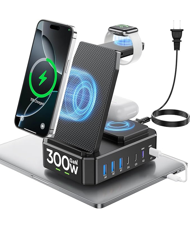 300W Charging Station for Multiple Devices Apple,10 in 1 Wireless Charger for iPhone,GaN III USB C 65W PD Fast Charging Stand Dock for MacBook,iWatch&Airpods (Wireless Charging Only for Apple)