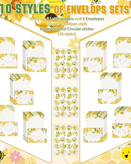 TaoBary 160 Pcs Stationery Paper Set 50 Double Sided Stationery Papers with 50 Matching Envelopes and 60 Round Dot Sticker, 10 Design(Bee,8.25 x5.5 Inch)