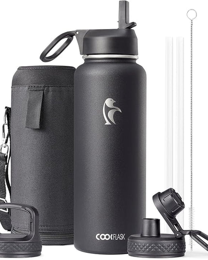 Water Bottle 40 oz Insulated with Straw&Brush, Coolflask Vaccum Stainless Steel Metal 3 Lids Water Flask for Sports, Gym or Office, Keep Cold 48H Hot 24H, Magic Black
