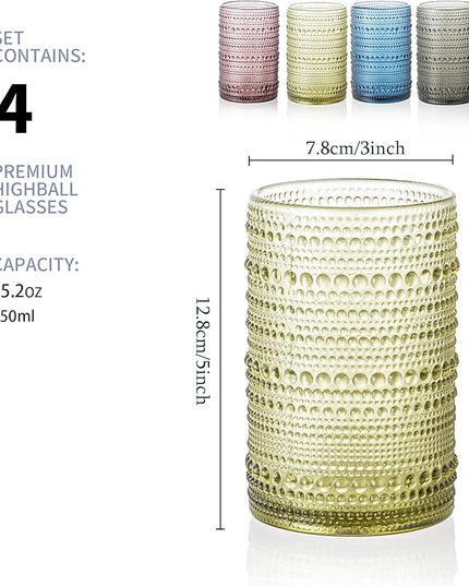 Vintage Glassware Set - 4pcs Multicolor 15.2oz Hobnail Drinking Glasses for Beer, Cocktail, Soda & Juice - Embossed Old Fashioned Glassware with Four Unique Colors