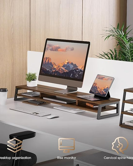 Fenge Dual Monitor Stand for Desk, 42.5in Large Monitor Riser for 2 Monitors, 2 Tier Computer Office Desk Top Shelf, Desktop Storage Stand for Laptop, PC, Computer, Printer