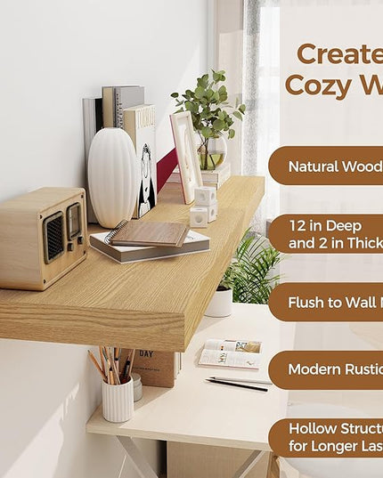 Floating Shelves 48 Inch Long, 12 Inch Deep Floating Shelves for Wall, 48 x 12 Large Wall Shelves for Home Storage & Display, 2" Thicked Floating Shelf for Bedroom, Living Room, Oak Color, 1 Pack