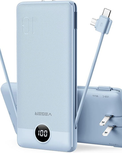VEGER Portable Charger for iPhone Built in Cables and Wall Plug, 10000mah Slim Fast Charging USB C Power Bank, Travel Essential Battery Pack Compatible with iPhones, iPad, Samsung More Devices(Blue)