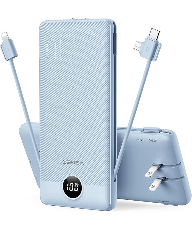 VEGER Portable Charger for iPhone Built in Cables and Wall Plug, 10000mah Slim Fast Charging USB C Power Bank, Travel Essential Battery Pack Compatible with iPhones, iPad, Samsung More Devices(Blue)