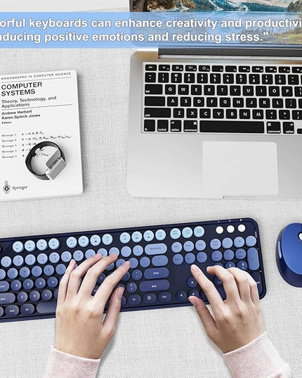 Wireless Keyboard and Mouse Combo, Ergonomic Full Size Typewriter Retro Round Keycaps Keyboard, Compatible with Windows, PC, Perfer for Home and Office Keyboards (Twilight Blue