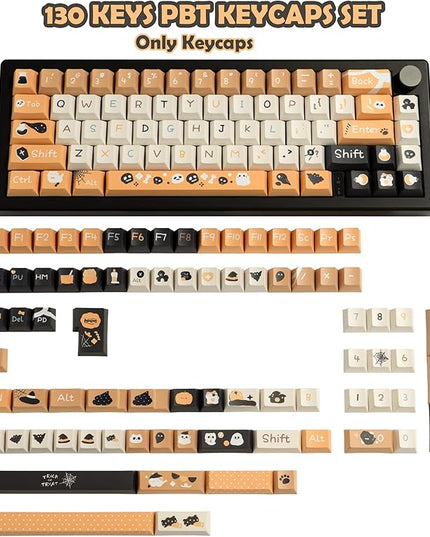 Orange and Black Key Caps - Cute Cherry Profile PBT Keycap, Dye Sublimation Halloween Key Caps for Ergonomic Keyboard, 130 Keys