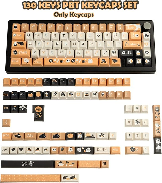 Orange and Black Key Caps - Cute Cherry Profile PBT Keycap, Dye Sublimation Halloween Key Caps for Ergonomic Keyboard, 130 Keys