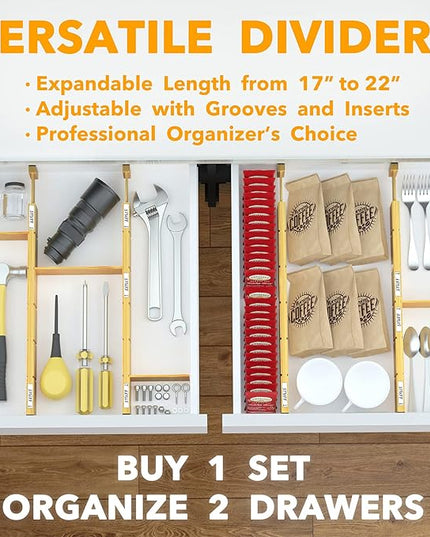 SpaceAid Bamboo Drawer Dividers with Inserts and Labels, Kitchen Adjustable Drawer Organizers, Expandable Organization for Home, Office, Dressers, 4 Dividers with 9 Inserts (17"-22" Natural)
