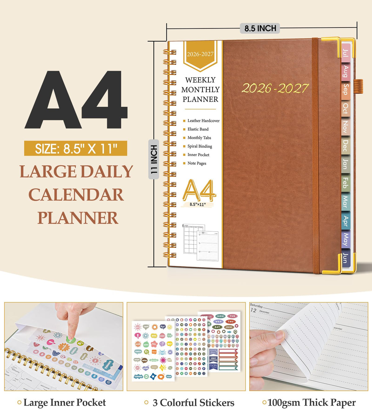 Academic Planner 2026-2027, Hardcover Leather Weekly and Monthly Calendar Planner from July 2026 - June 2027, A4 8.5" x 11" Daily Agenda with Tabs, College School Organizer for Student Teacher, Brown