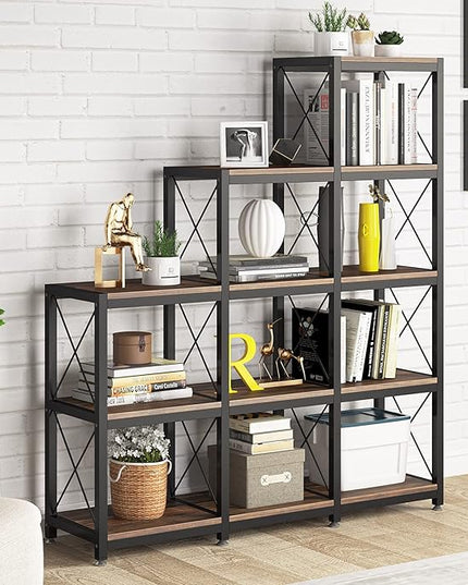 Tribesigns 12 Shelves Bookshelf, Industrial Ladder Corner Bookshelf 9 Cubes Stepped Etagere Bookcase, Rustic 5-Tier Display Shelf Storage Organizer for Home Office (Rustic Brown)