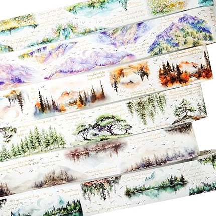 AuriicLeaf Mountain Forest Washi Tape Set, 6 Rolls with Poetic Text and Gold Foil Accents, Includes Clip for Scrapbooking, Journaling, and Planner Supplies