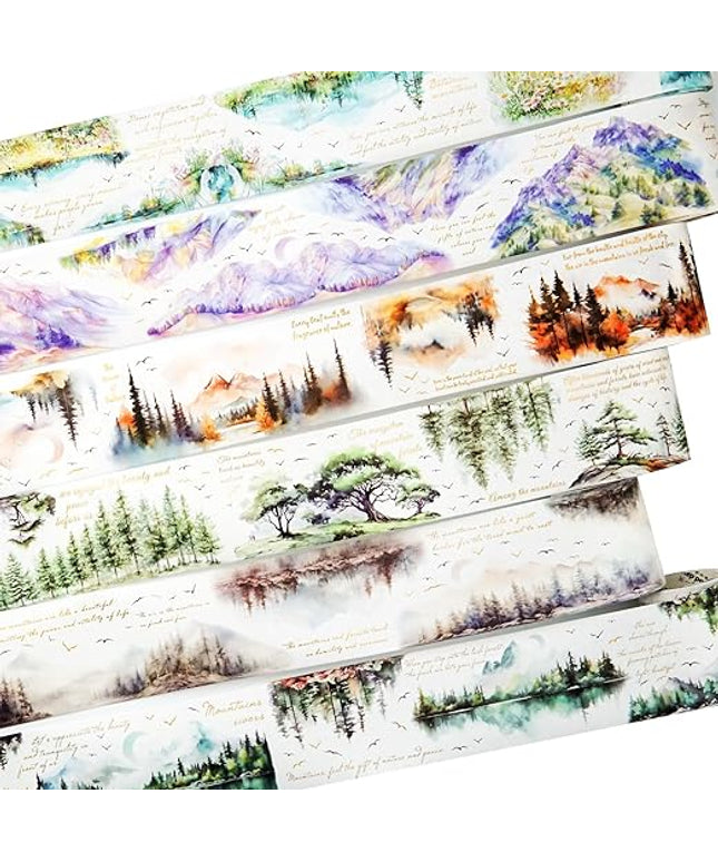 AuriicLeaf Mountain Forest Washi Tape Set, 6 Rolls with Poetic Text and Gold Foil Accents, Includes Clip for Scrapbooking, Journaling, and Planner Supplies