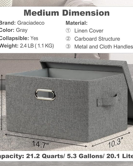 Medium 15" 21 Quart Collapsible Stackable Storage Bins with Lids, 5 Packs Grey Foldable Fabric Closet Boxes Heavy-duty Linen Cube Baskets Container for Bedroom Office (15 x 11 x 8)