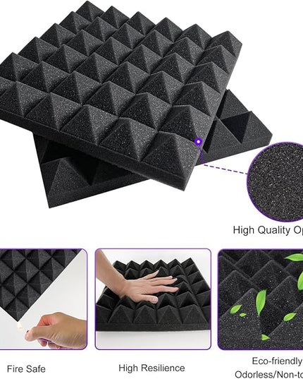 TroyStudio Thick Acoustic Foam Panels, 12 X 12 X 2 Inches 12 Pcs Pyramid Sound Absorbing Foam, Dense Soundproof Padding Tile, Recording Studio Foams Absorber, Decorative 3D Wall Ceiling Panel