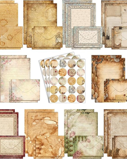 TaoBary 160 Pcs Stationery Paper Set 50 Double Sided Stationery Papers with 50 Matching Envelopes and 60 Round Dot Sticker, 10 Design(Lace Edged Scrapbook,5.5 x 8.25 Inch)