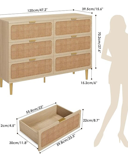 Garvee Rattan Dresser with 6 Drawers, Tall Modern Closet with Deep Storage, Large Chest of Drawers with Wide Top, Long Wooden Dresser for Bedroom, Living Room, Hallway, Kids Room, Natural