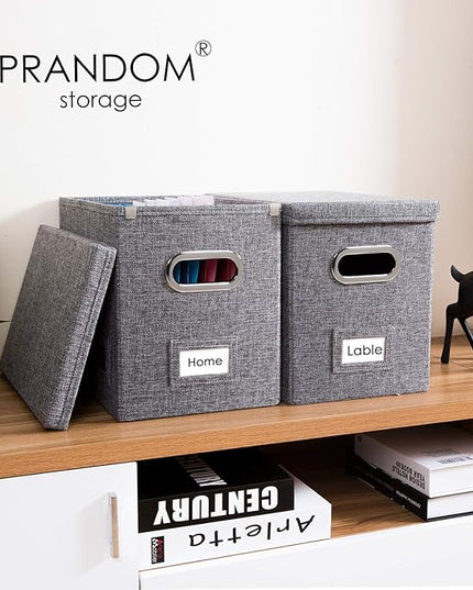 PRANDOM File Organizer Box - Set of 4 Collapsible Decorative Linen Filing Storage Hanging File Folders with Lids Office Cabinet Letter Size Grey (14x9.3x10.8 inch)