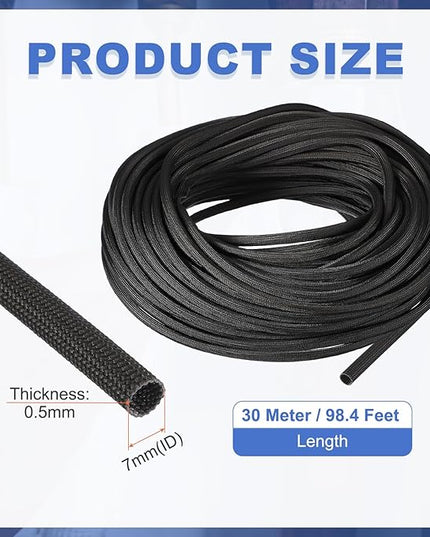 uxcell Insulation Cable Protector,7mm/0.28 Inch-30m/98 Feet High Temp Fiberglass Sleeve Black