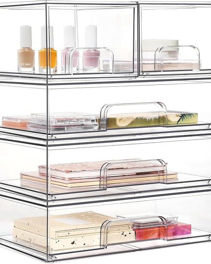 Vtopmart Clear Stackable Storage Drawers Set of 5, Plastic Organizer Bins for Makeup, Cosmetics, Beauty Supplies,Ideal for Vanity, Bathroom,Cabinet,Pantry Organization