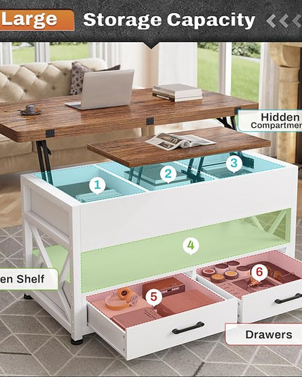 Itaar 40" Lift Top Coffee Table, 4 in 1 White Coffee Tables with Storage for Living Room, Small Coffee Table with 2 Drawers & LED Light for Dining Room, White and Rustic Brown