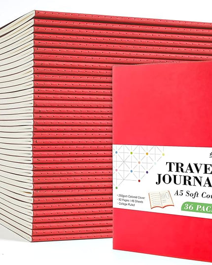 feela 36 Pack Soft Cover Journal Bulk, Lined Blank Travel Journal for Women Men Writing, Notebooks College Ruled for Work, Note Taking Notebook School Business Supplies, 8.2” x 5.5”, A5, Red