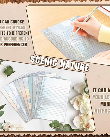TaoBary 160 Pcs Stationery Paper Set 50 Double Sided Stationery Papers with 50 Matching Envelopes and 60 Round Dot Sticker, 10 Design(Scenic Nature,5.5 x 8.25 Inch)
