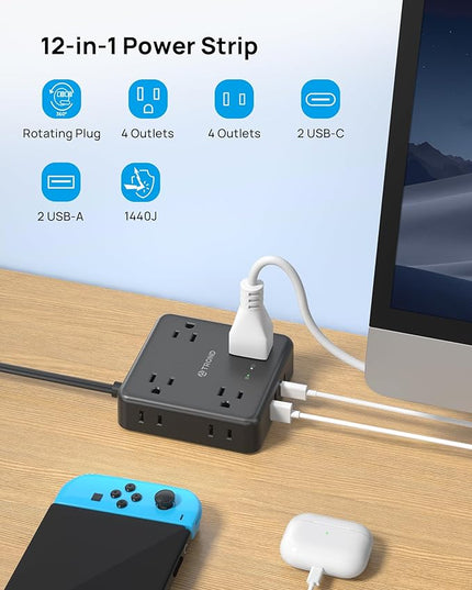 TROND 360° Rotating Flat Plug Power Strip, 10FT Flat Extension Cord with Multiple Outlets 4 USB (2 USB C), Wall Mount Surge Protector 1440 Joules for Home Office Travel Dorm Room Essentials, Black