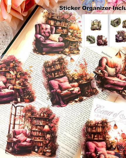 MiyouLuna 60Pcs PET Scrapbook Stickers, Vintage Aesthetic Designs for Scrapbooking Waterproof Journaling Supplies Junk Journal Ephemera with Storage Organizer