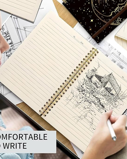 Spiral Journal Notebook, A5 Cute Notebooks for Women Men, College Ruled Hardcover Notebook for Work & Note Taking, 60 Pages Double-Wire Journals for Writing, Gold Sun Moon