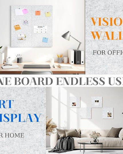 DOLLAR BOSS Felt Cork Board Tiles, 4 Packs 12" x 12" 1/2" Thick Cork Bulletin Board Self Adhesive Acoustic Panels Soundproof Corkboards for Walls with 40 Pushpins for Home Office School, Light Grey