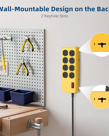 Heavy Duty Power Strip,Industrial Heavy Metal Case Surge Protector,8 AC Outlets,15Amp,2700 Joules,Protected' Indicator,14 Gauge Cord (Yellow, 15FT Length)