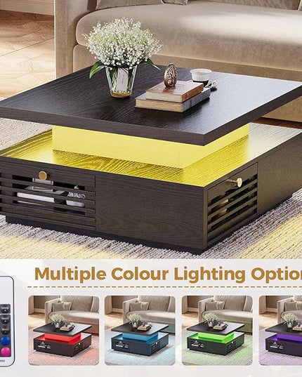 IRONCK Coffee Table with LED Light and Charging Station, 4 Storage Drawers with Grille Design, Square Coffee Table for Living Room Office Reception Room (Black)