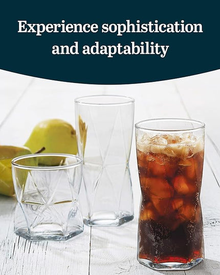 Libbey Rhombus Tumbler and Rocks Drinking Glasses Set of 16, Fun Geometric Glass Cups Set, Kitchen Glasses Set for Cocktails, Water, and Everyday Use