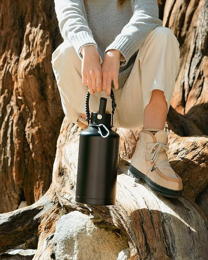 Insulated Water Bottle 64oz,Triple Wall Vacuum Stainless Steel(Dishwasher Safe),Leak Proof & Non-BPA,Flask Jug with Paracord Handle & Straw Spout Lids Sports Black