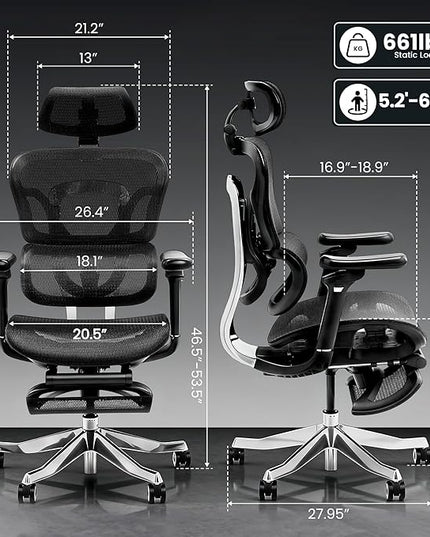 FLEXISPOT ErgoX Max Ergonomic Office Chair with footrest Black - Aluminum Alloy Frame & Base, 661 lb Capacity, 5D Armrests, 4D Adaptive Lumbar & 4D Headrest