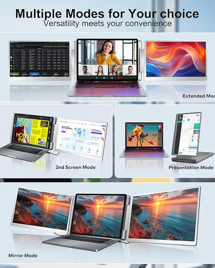FOPO 14" Triple Monitor Laptop Screen Extender-FHD 1200P 16:10 Laptop Screen Extender, Left Screen 360° Flip Portable Monitor for 12-16.5" Laptops with HDMI/USB-C, Plug & Play - S7