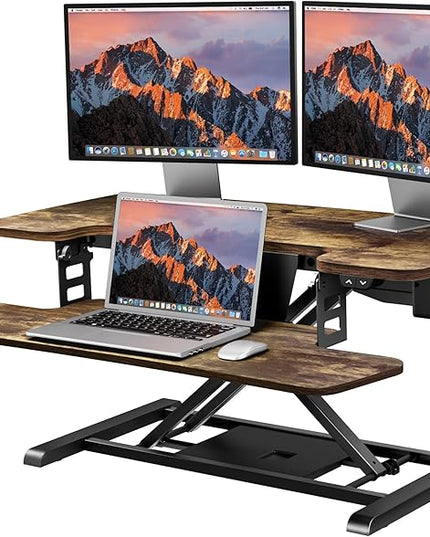SANODESK Standing Desk Converter with Electric Motor 35" Height Adjustable Desk Riser for Office Home,Monitor and Laptop Workstation with Large Keyboard Tray, Rustic Color