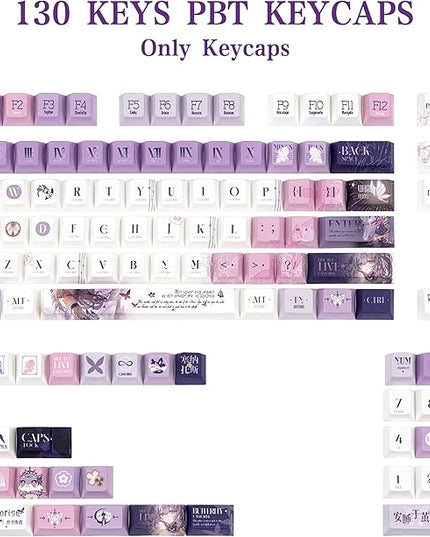 PBT Custom Keycaps 130 Keys, Japanese Anime Purple Keycaps Cherry Profile Dye Sublimation Keycap, Manga Style Key Cap Set for 60% 65% 75% TKL 100% Mechanical Keyboard