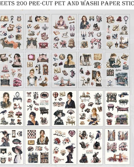 Auguro Scrapbooking Stickers 20 Sheets Pre-Cut 200 washi Stickers PET People Sticker Books for journaling Scrapbook Supplies Transparent Journal Sticker